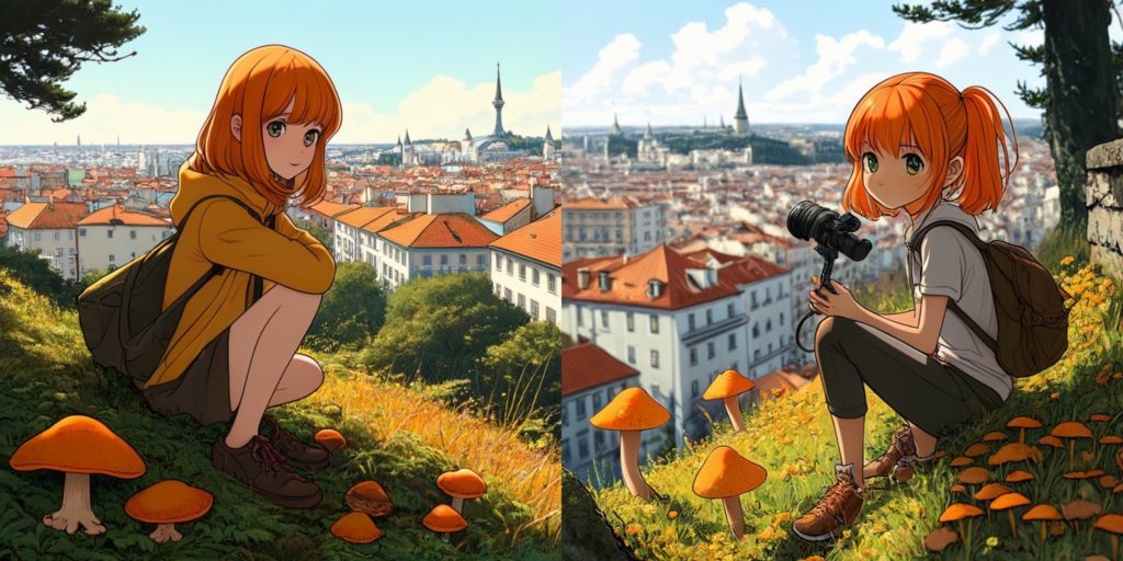 Anime girl finding funnel-shaped chanterelles (no gills) on moss overlooking lisbon orange roofs from monsanto park